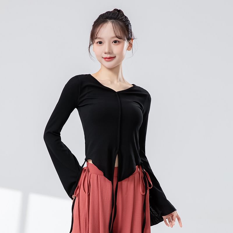 Solid Flared-Sleeve Top with V-Shaped Neckline