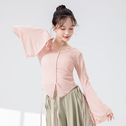 Solid Flared-Sleeve Top with V-Shaped Neckline