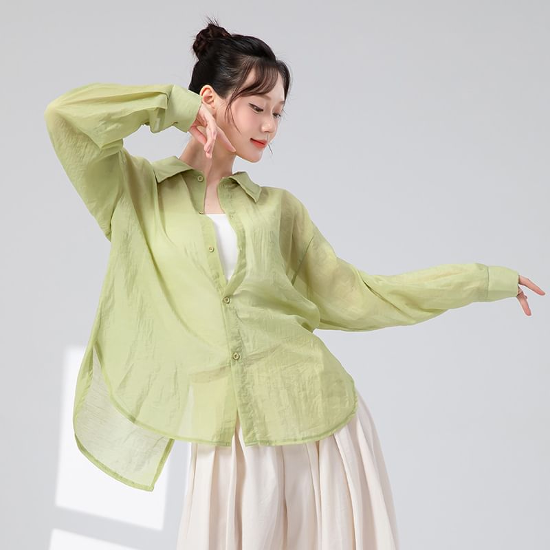Sheer Solid Button-Down Shirt with Extended Sleeves