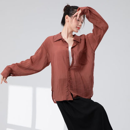 Sheer Solid Button-Down Shirt with Extended Sleeves