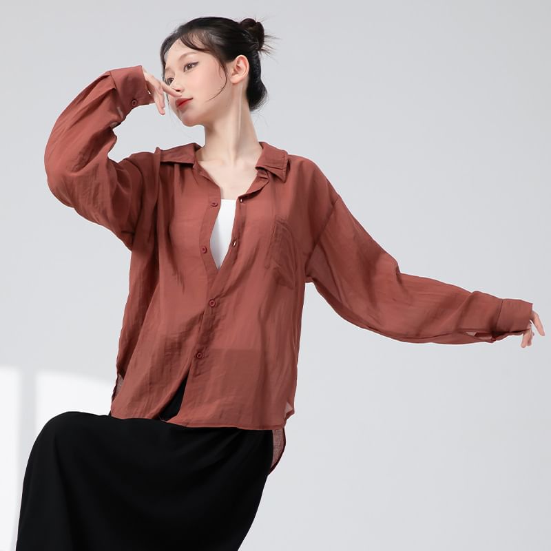 Sheer Solid Button-Down Shirt with Extended Sleeves