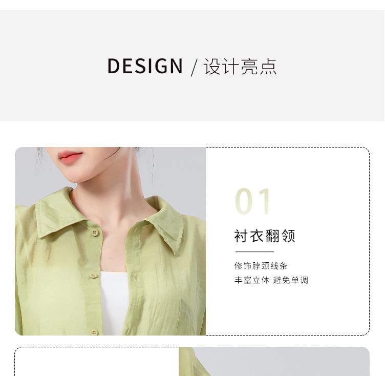 Sheer Solid Button-Down Shirt with Extended Sleeves