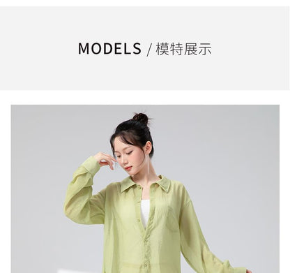 Sheer Solid Button-Down Shirt with Extended Sleeves