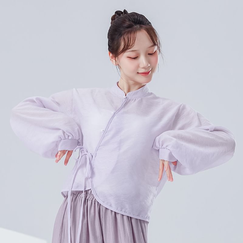 Solid Cropped Tee with Stand Collar and Extended Sleeves