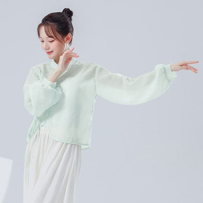 Solid Cropped Tee with Stand Collar and Extended Sleeves