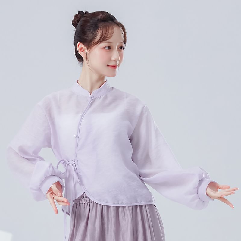 Solid Cropped Tee with Stand Collar and Extended Sleeves