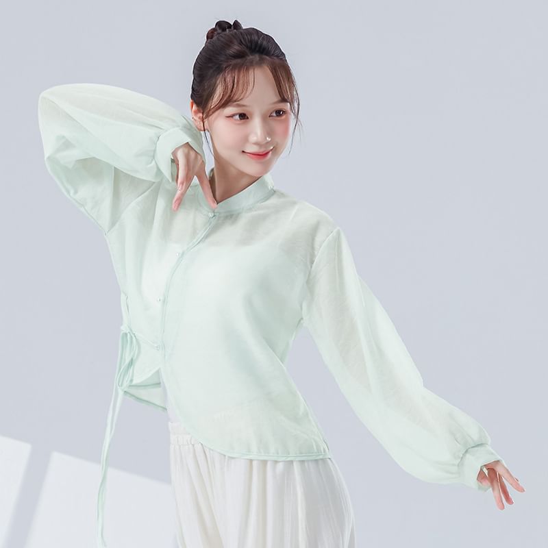 Solid Cropped Tee with Stand Collar and Extended Sleeves