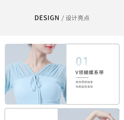Mesh Cropped Tee with V-Neckline and Long Sleeves