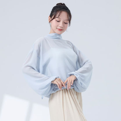 Solid Cropped Tee with V-Neck and Long Sleeves