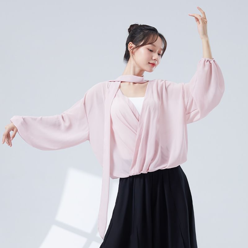 Solid Cropped Tee with V-Neck and Long Sleeves