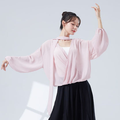Solid Cropped Tee with V-Neck and Long Sleeves