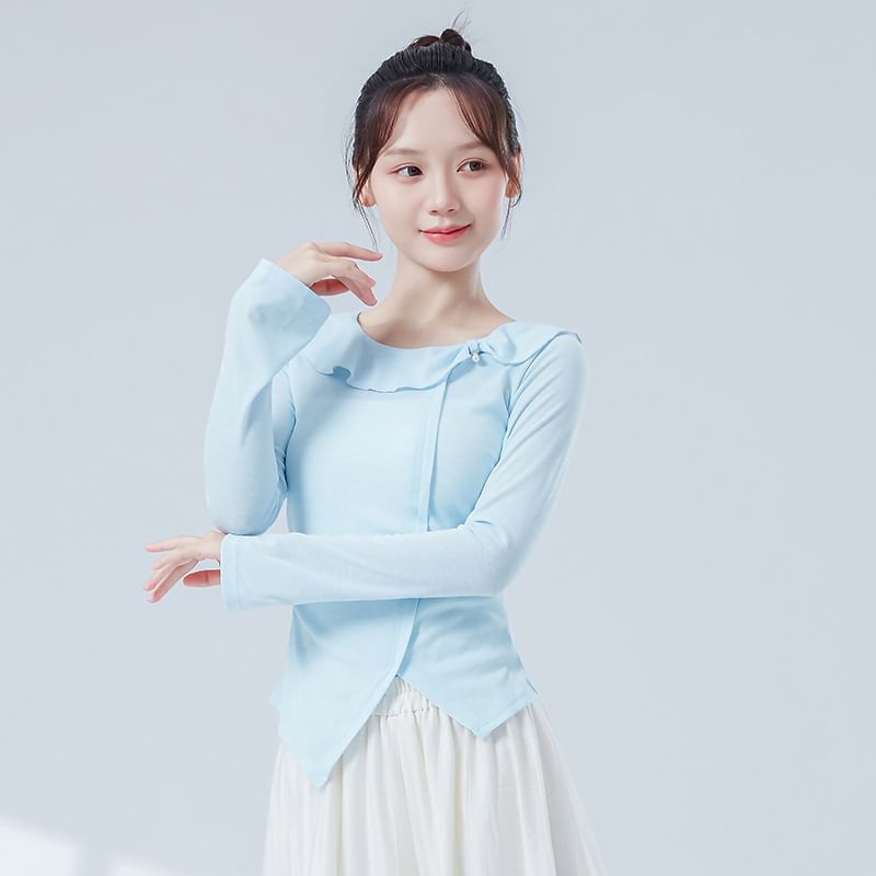Asymmetric Solid Top with Frilled U-Neckline and Long Sleeves