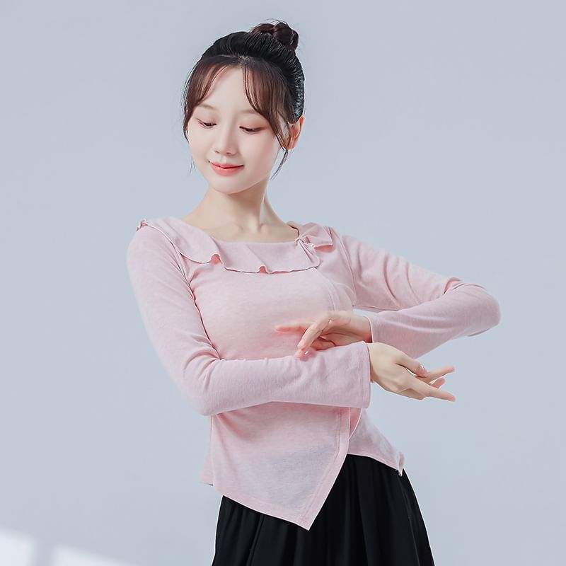 Asymmetric Solid Top with Frilled U-Neckline and Long Sleeves
