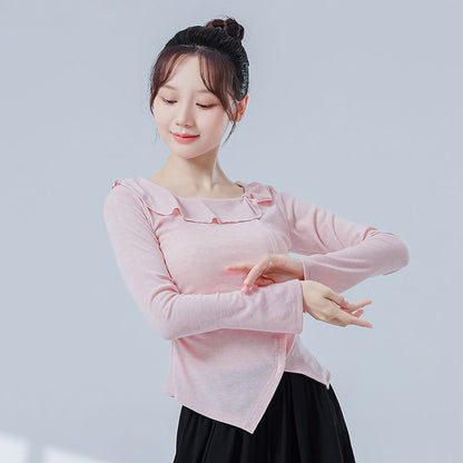 Asymmetric Solid Top with Frilled U-Neckline and Long Sleeves