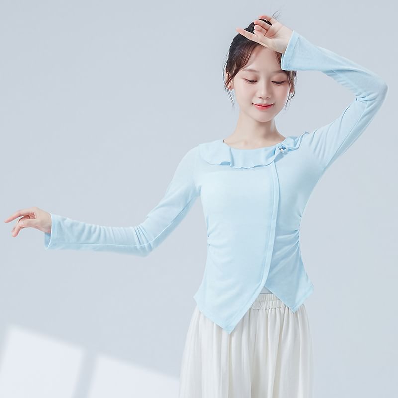 Asymmetric Solid Top with Frilled U-Neckline and Long Sleeves