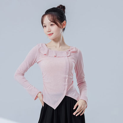 Asymmetric Solid Top with Frilled U-Neckline and Long Sleeves