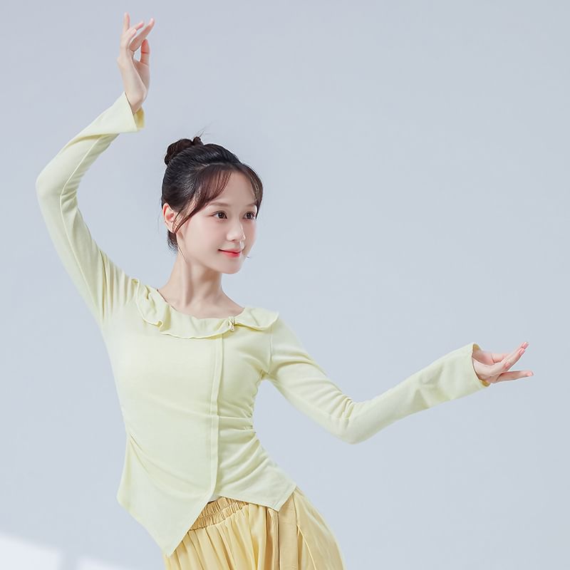 Asymmetric Solid Top with Frilled U-Neckline and Long Sleeves