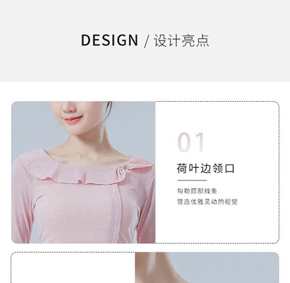 Asymmetric Solid Top with Frilled U-Neckline and Long Sleeves