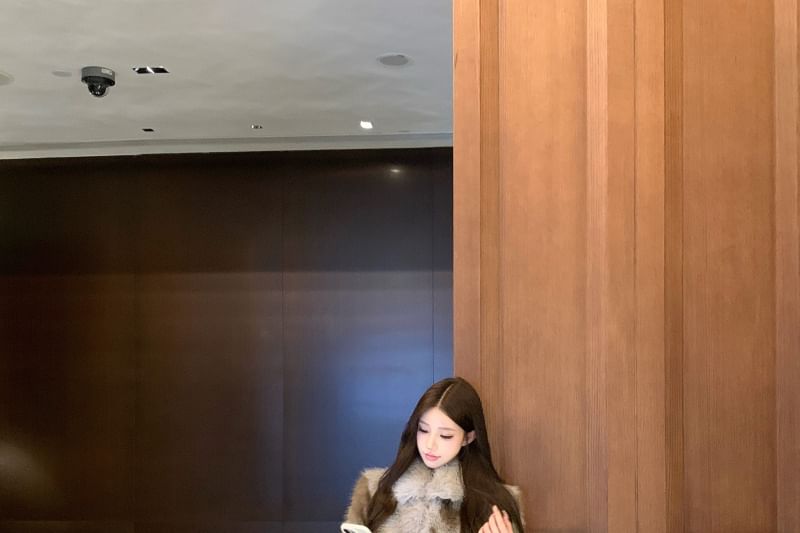 Plain Fluffy Jacket + Belted Mini Pencil Skirt