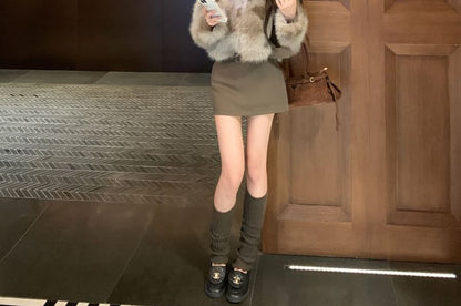 Plain Fluffy Jacket + Belted Mini Pencil Skirt