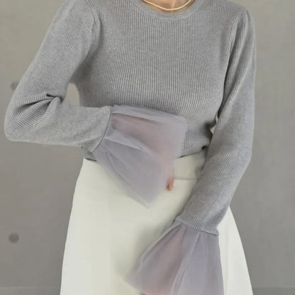 Ribbed Knit Round Neck Long Sleeve Solid Top