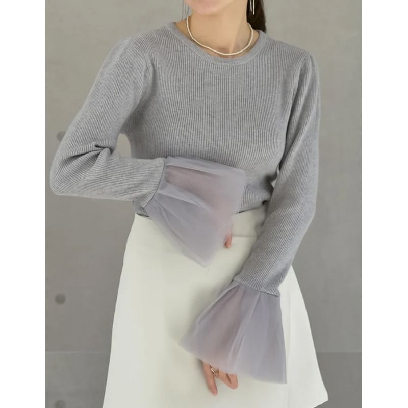Ribbed Knit Round Neck Long Sleeve Solid Top