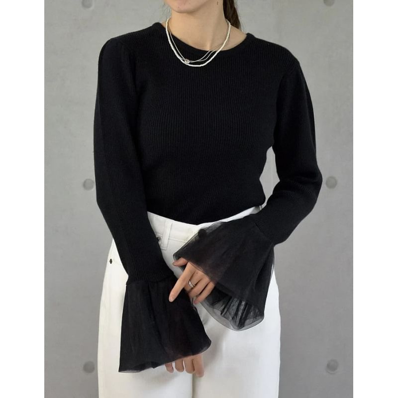 Ribbed Knit Round Neck Long Sleeve Solid Top