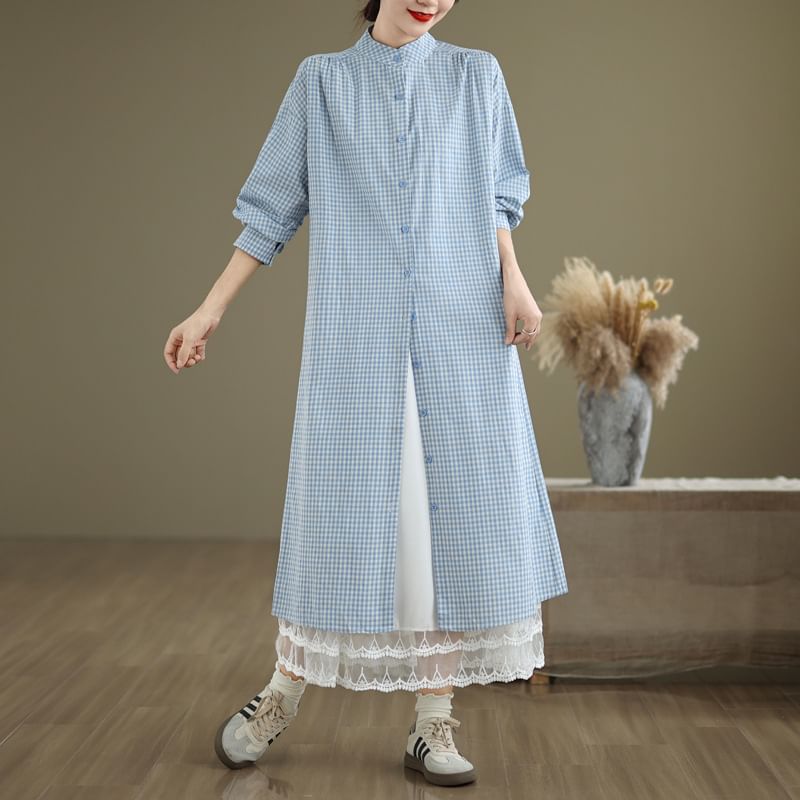 Band Collar Plaid Shirt Dress & Lace Trim Midi Skirt