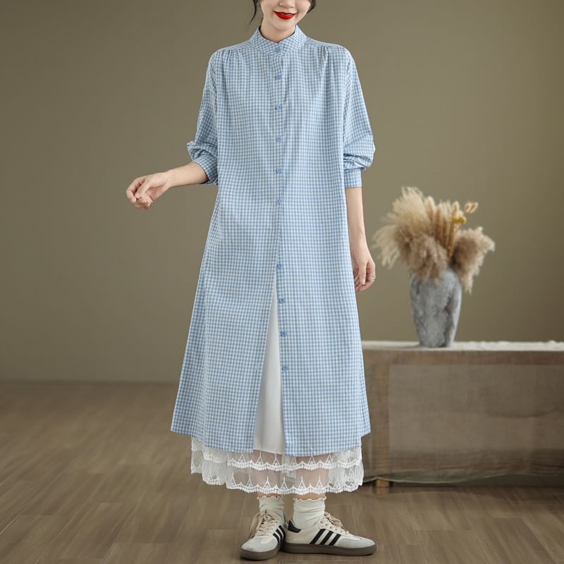 Band Collar Plaid Shirt Dress & Lace Trim Midi Skirt