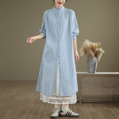 Band Collar Plaid Shirt Dress & Lace Trim Midi Skirt