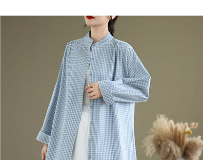 Band Collar Plaid Shirt Dress & Lace Trim Midi Skirt