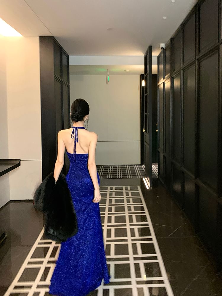 Halter Plain Glitter Slit Sheath Evening Gown