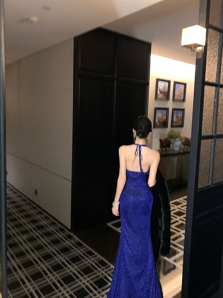 Halter Plain Glitter Slit Sheath Evening Gown