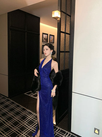 Halter Plain Glitter Slit Sheath Evening Gown