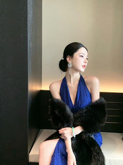 Halter Plain Glitter Slit Sheath Evening Gown