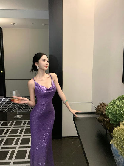 Spaghetti Strap Plain Sequin Sheath Evening Dress