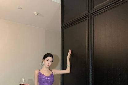 Spaghetti Strap Plain Sequin Sheath Evening Dress