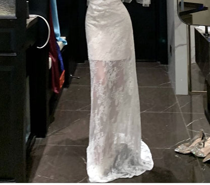 Sleeveless Asymmetrical Neck Plain Lace Sheath Wedding Gown