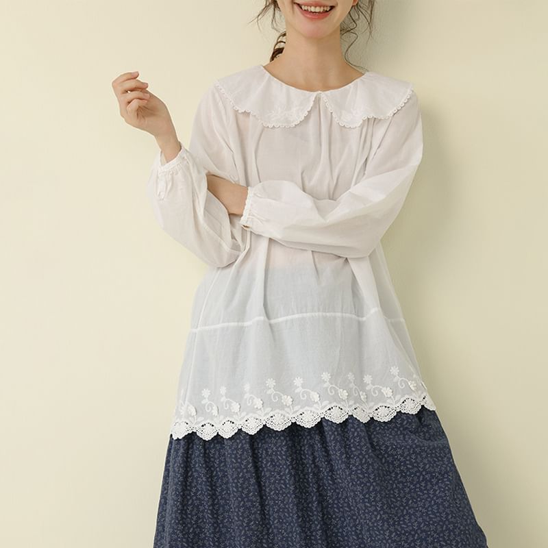 Floral Embroidered Long Sleeve Solid Blouse