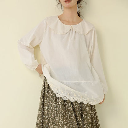 Floral Embroidered Long Sleeve Solid Blouse
