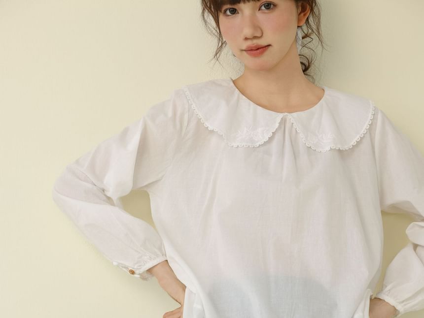 Floral Embroidered Long Sleeve Solid Blouse