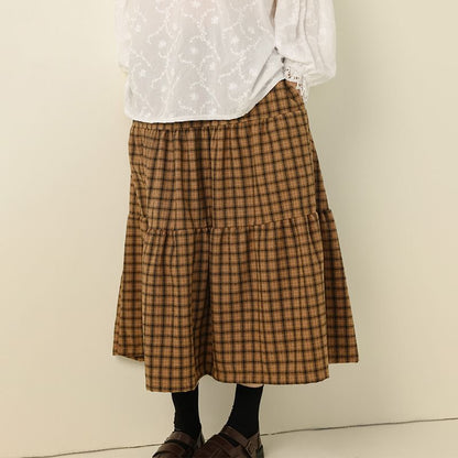 Plaid Tiered Midi A-Line Skirt with Elastic Waist
