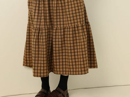 Plaid Tiered Midi A-Line Skirt with Elastic Waist