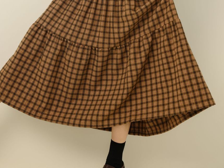 Plaid Tiered Midi A-Line Skirt with Elastic Waist