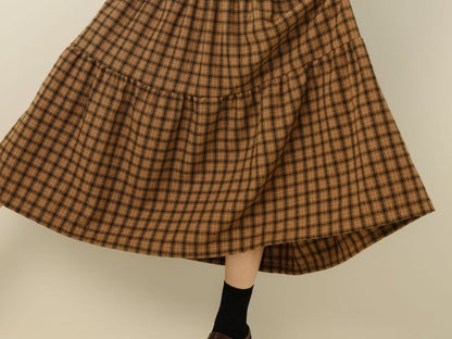 Plaid Tiered Midi A-Line Skirt with Elastic Waist