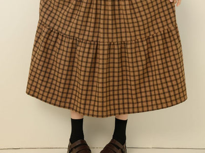 Plaid Tiered Midi A-Line Skirt with Elastic Waist