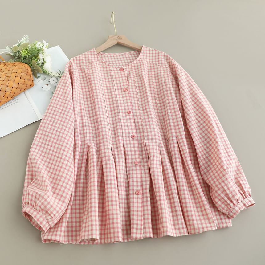 Gingham Blouse with Crew Neckline and Extended Sleeves