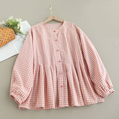 Gingham Blouse with Crew Neckline and Extended Sleeves