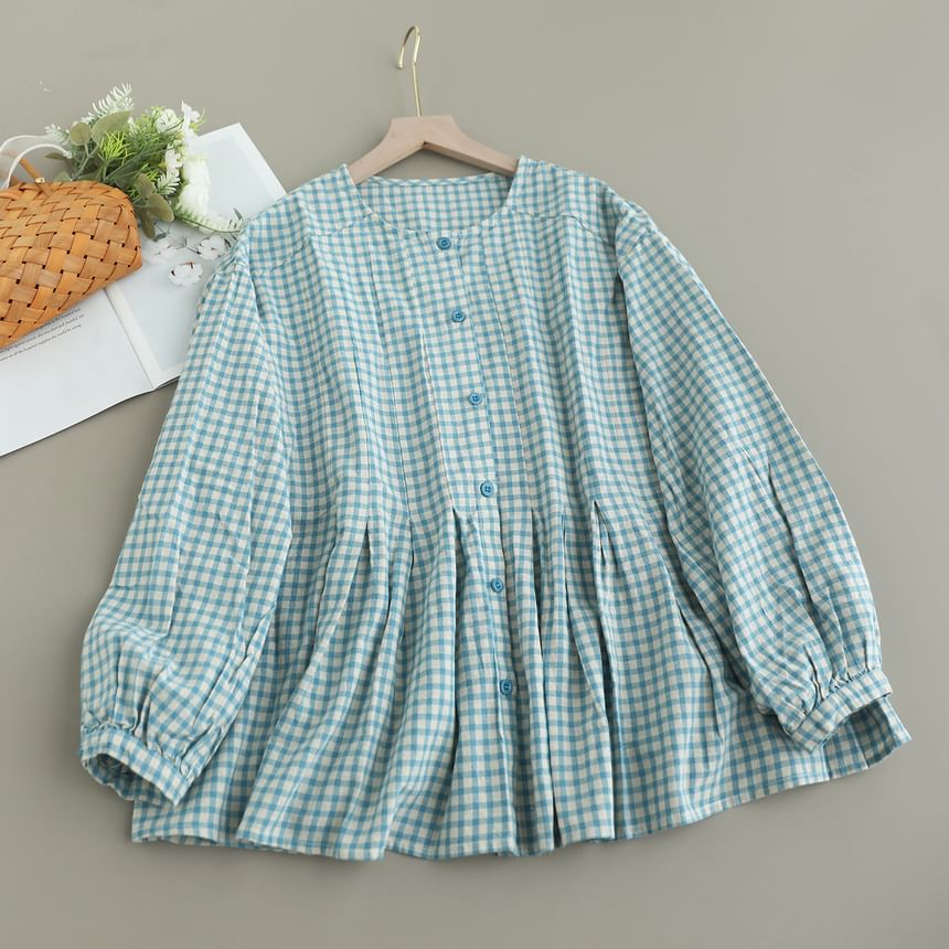 Gingham Blouse with Crew Neckline and Extended Sleeves