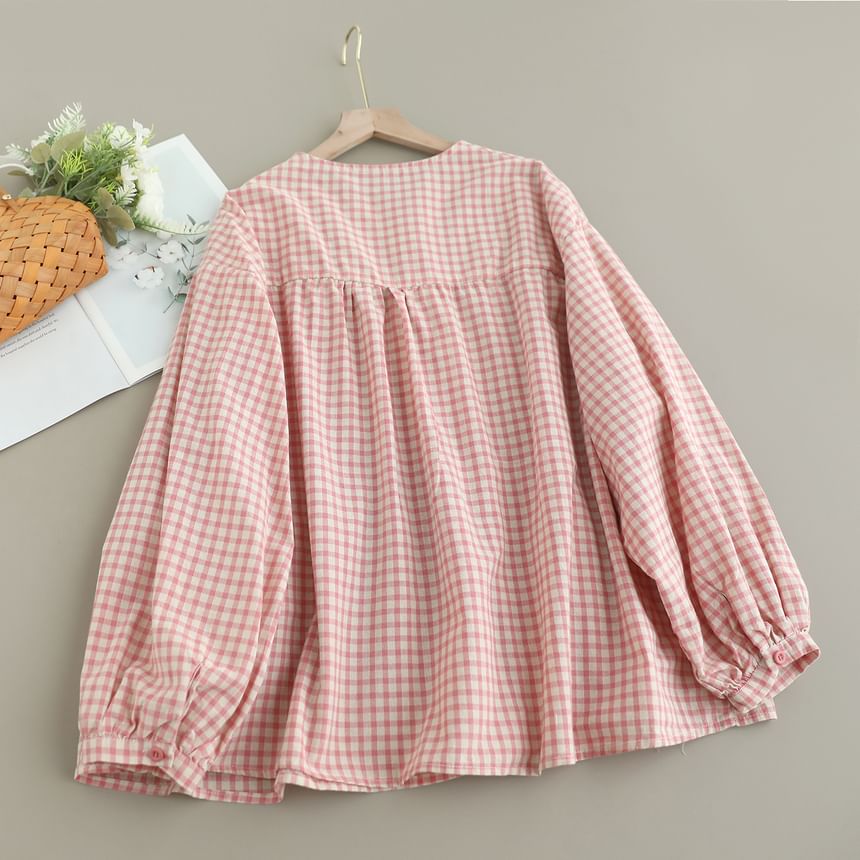 Gingham Blouse with Crew Neckline and Extended Sleeves